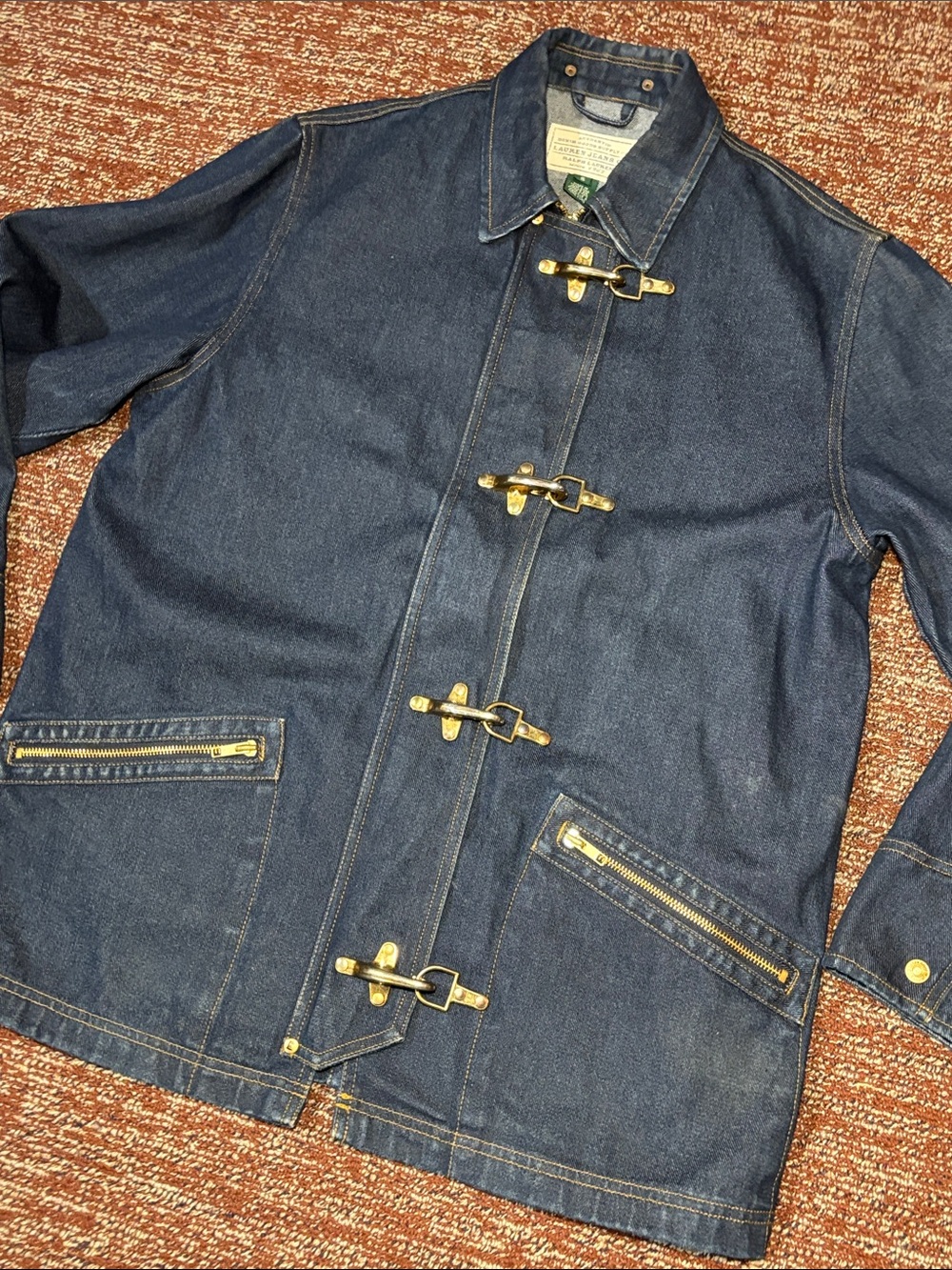 Vintage Lauren Jeans Co. 90s y2k denim fireman’s jacket gold clasp hardware S